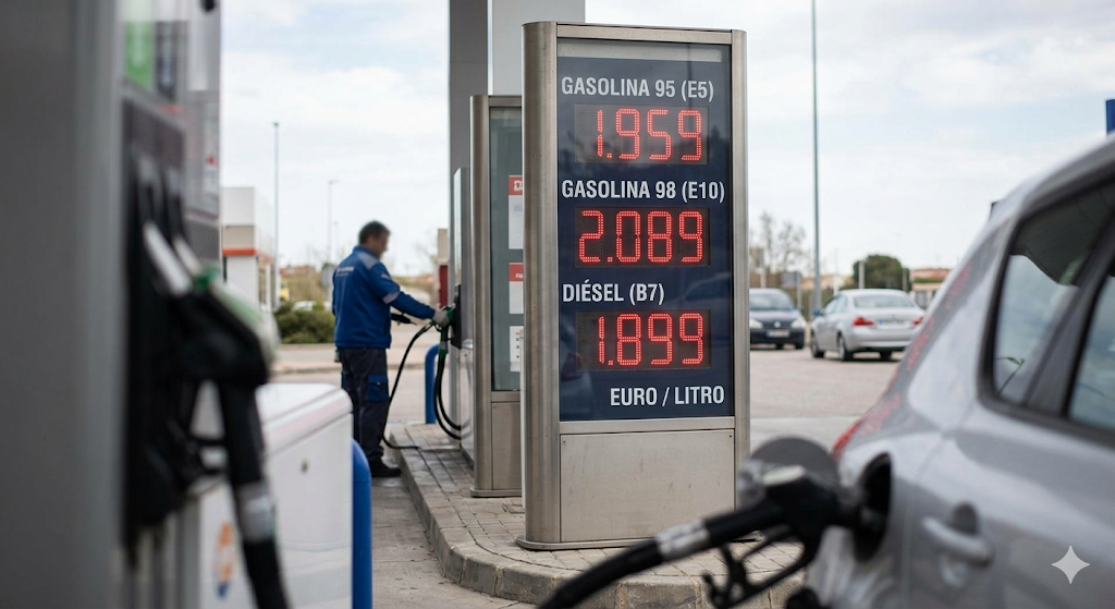 Panel de precios de una gasolinera con operario cambiando los digitos